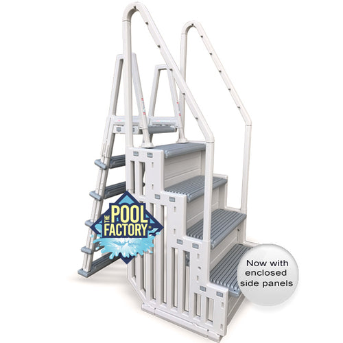 How does the outside ladder lock into place when you swing it into the upright position?