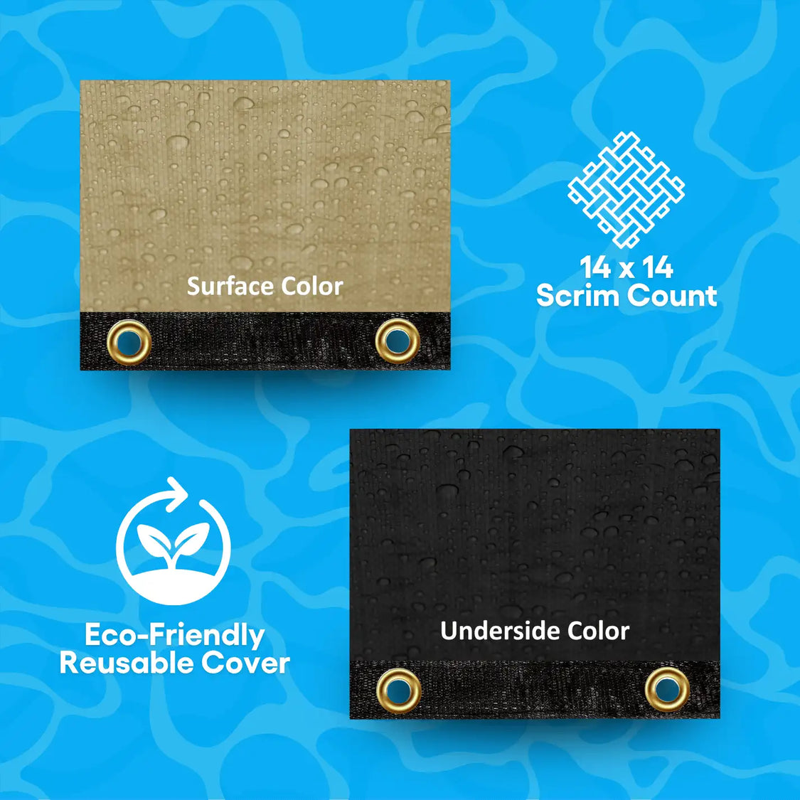 Ultimate Pool Winter Cover 8x12 Feet  surface and underside colors on a blue background with text and icons.