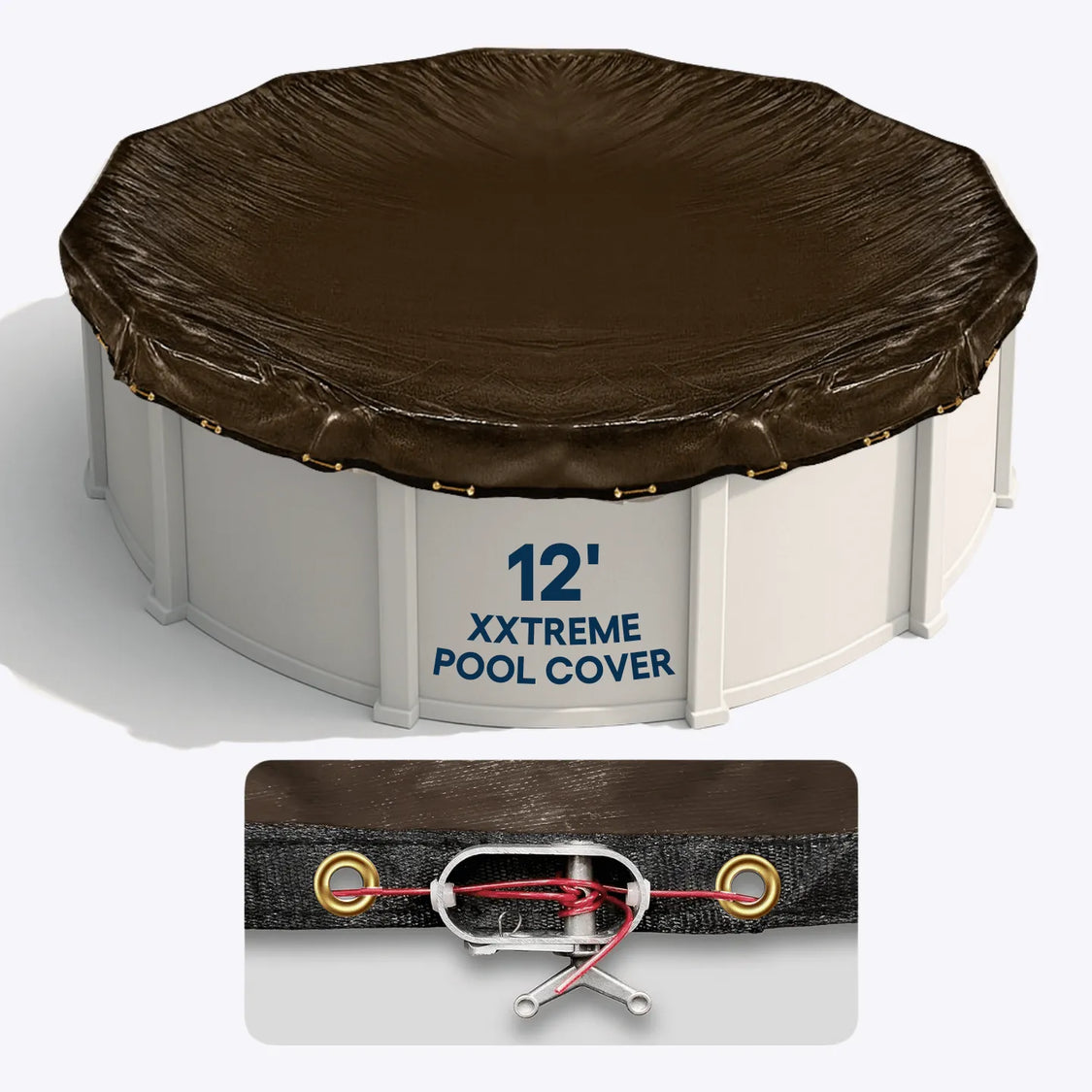 Brown pool cover with '12' XXTREME POOL COVER' text on a white background