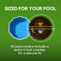 Pool cover size chart with pool and cover illustration on a green background