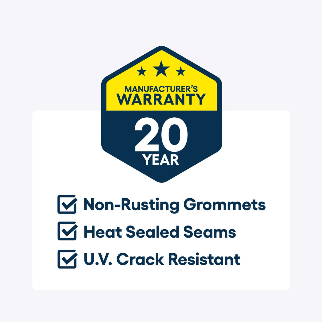 20-year manufacturer's warranty badge with features on a light purple background