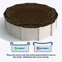 Brown pool cover on a round above-ground pool with correct and incorrect placement icons.