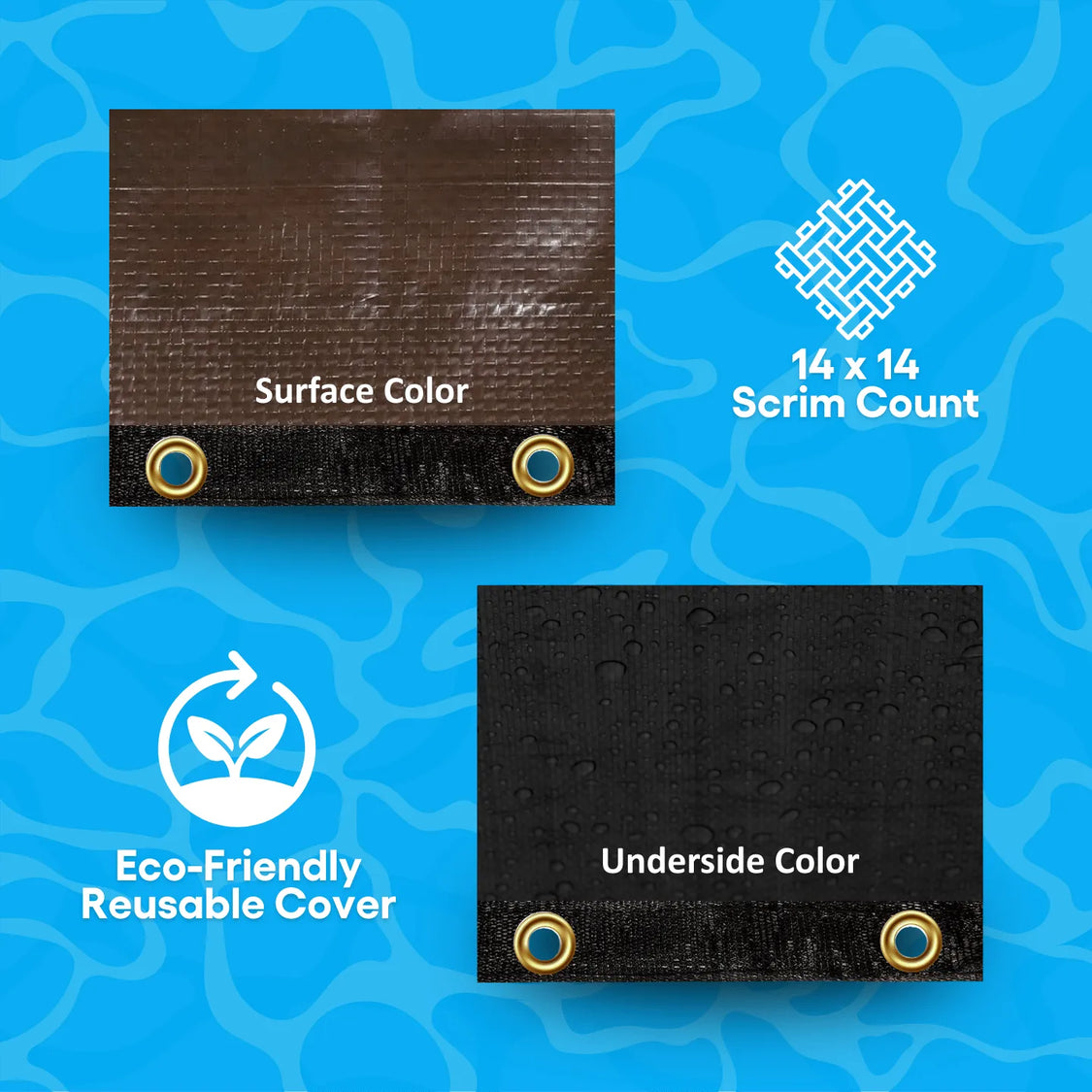 Two swatches with surface and underside colors on a blue background with text and icons.