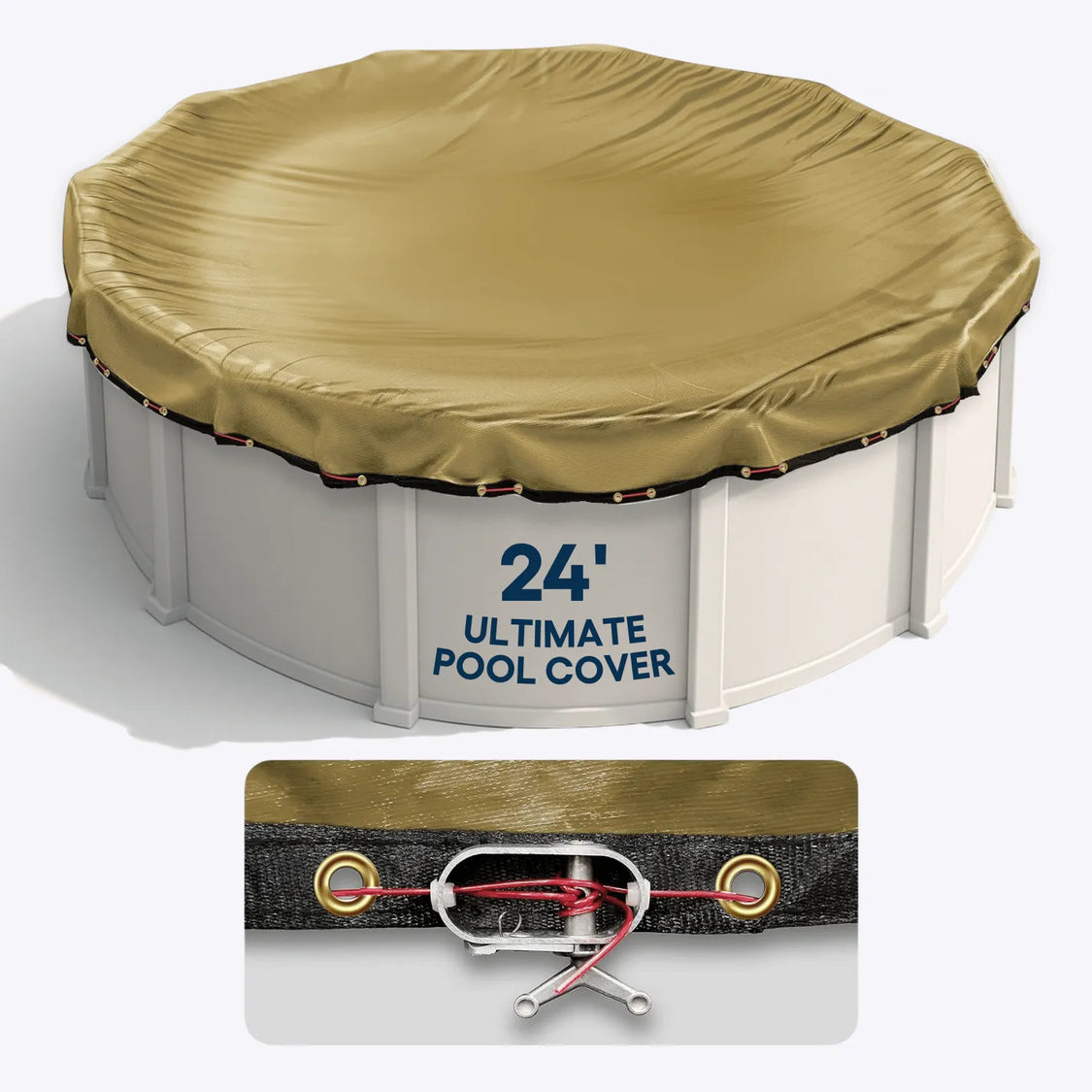 24' Ultimate Pool Cover with close-up of latch mechanism on a white background
