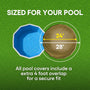 Pool cover size chart with pool and cover illustration on a green background