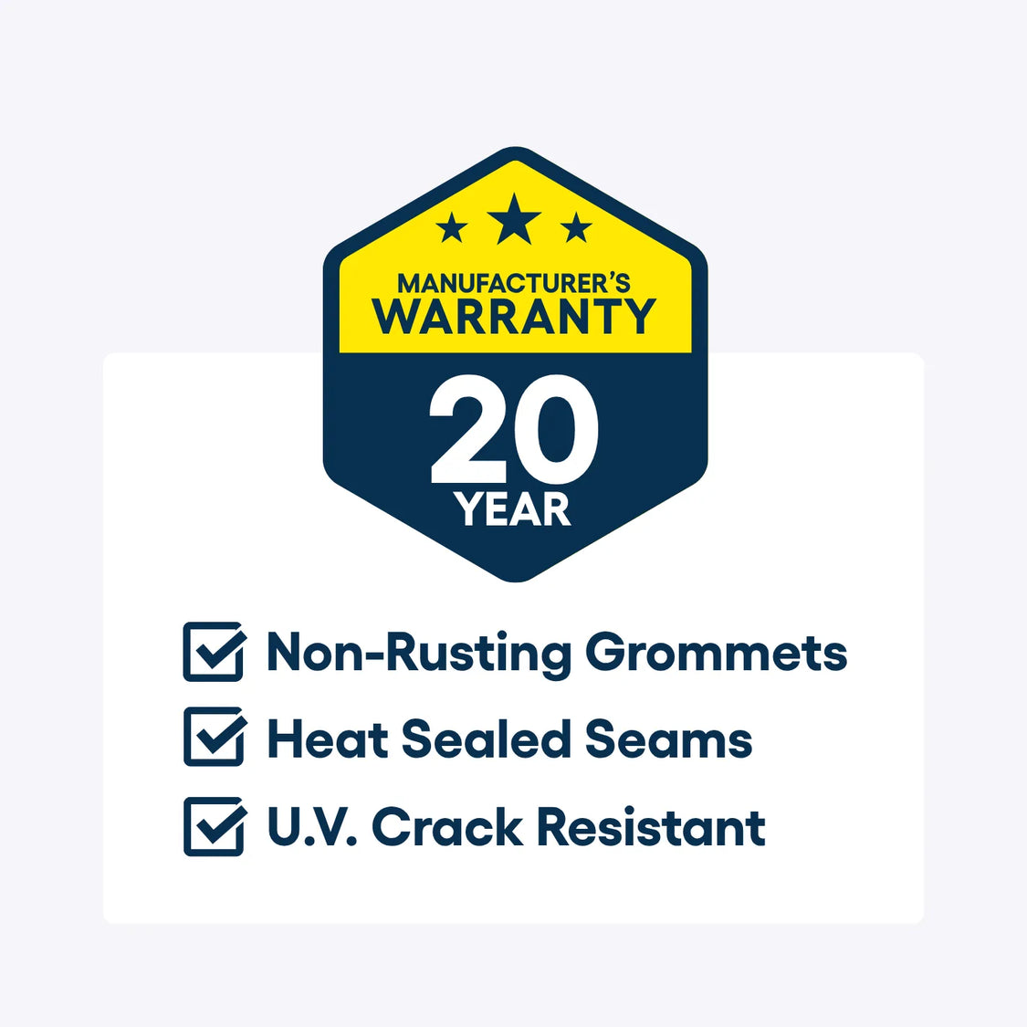 20-year manufacturer's warranty badge with features on a light purple background