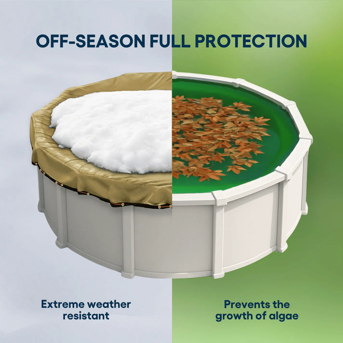 Pool cover protecting a pool from extreme weather and algae growth.