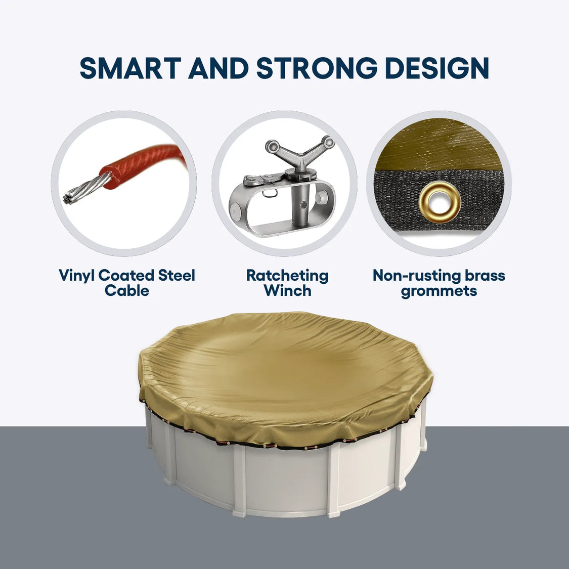 24' Ultimate Pool Cover with smart and strong design features including vinyl coated steel cable, ratcheting winch, and non-rusting brass grommets.