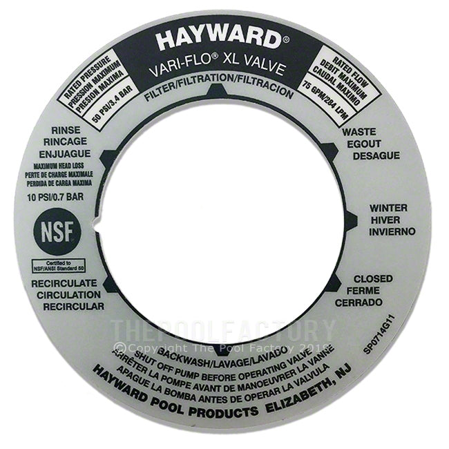 Label Sticker for Hayward SP714T Top Mount Sand Filter Valve